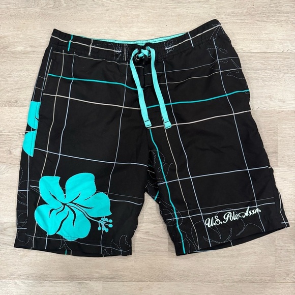 Polo Association Men’s Swim Trunks Teal And Black Plaid With Hibiscus Size Large - Picture 1 of 6